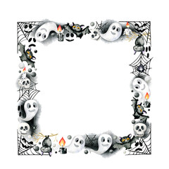 Watercolor square frame. Halloween attributes - bats, ghosts,  scary and smiling faces, skill, candles and spider nets,  isolated on a white background.