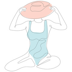 Single line vector illustration of a woman (young girl) sitting along in swimsuit. Sketch beautiful summer beach woman with bikini. Illustration fits for magazine, background or logotype.