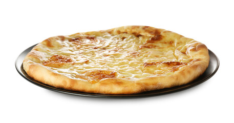 Delicious khachapuri with cheese on white background