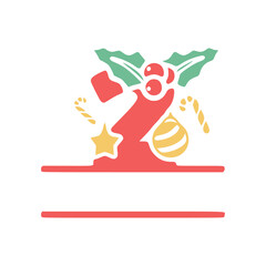 Number 2 is decorated with mistletoe and Christmas elements, personalized monogram, vector logo, emblems or initial design.