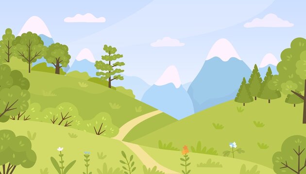 Flat forest with meadow, trees, bushes and mountains landscape. Cartoon spring green hills nature with flowers and plants vector background
