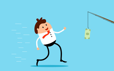 Businessman Running after Dollar on the Hook Rat Race Concept. Business and overworking topic vector illustration.