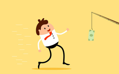 Businessman Running after Dollar on the Hook Rat Race Concept. Business and overworking topic illustration.