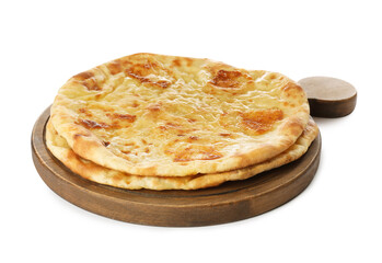 Delicious khachapuri with cheese on white background