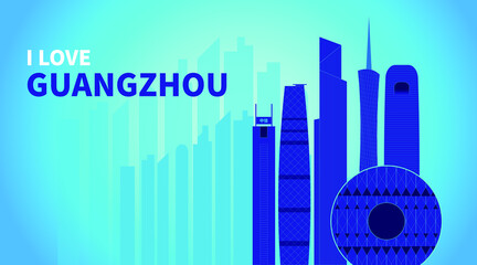 Minimalist vector illustration of skyline of urban landmark buildings in Guangzhou, China
