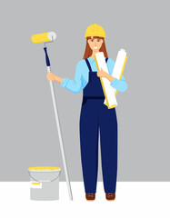 A smiling girl in a helmet stands with rolls of wallpaper and a roller for painting walls in her hands. Decorator woman. Apartment or house renovation. Isolated vector illustration in cartoon style