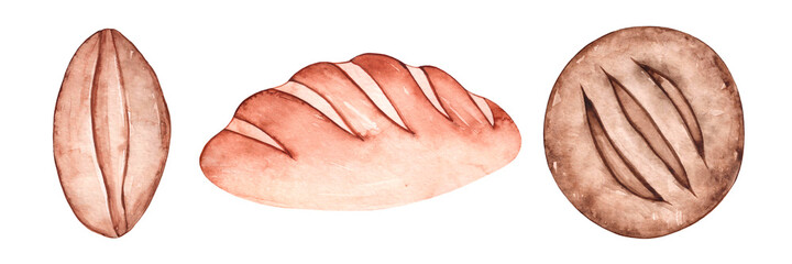 Watercolor bakery products set. Bread clipart. Buns. Cafe shop. Flour food. Isolated on a white background.