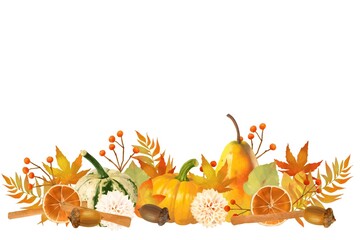 Obraz na płótnie Canvas かぼちゃとなしと木の実とどんぐりの秋の植物の美しい白バックベクターフレームイラスト素材 
