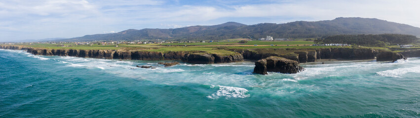 Panoramic aerial view of Cathedrals beach in Ribadeo Lugo