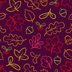 seamless pattern with an autumn theme. bright colored objects on a dark purple background. pattern of multicolored autumn leaves drawn with lines. textile print imitating leaf fall with a glow effect