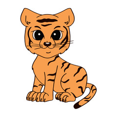 The tiger cub is sitting. Vector illustration in cartoon style. Childrens illustration isolated on white background