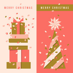 Two vertical flyers with Christmas tree, holiday gifts and multicolored confetti. Elegant vector illustration in pink and beige