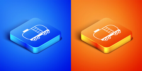 Isometric Oil railway cistern icon isolated on blue and orange background. Train oil tank on railway car. Rail freight. Oil industry. Square button. Vector