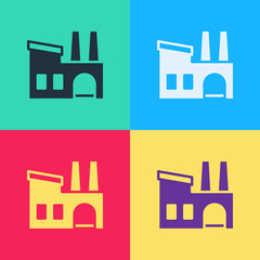 Pop art Factory icon isolated on color background. Industrial building. Vector