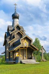 Wooden, Russian, typical, village Orthodox church. Traditional orthodox architecture.