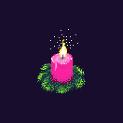 Pixel art. Burning candle and fir trees. Christmas and new year composition.