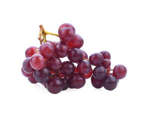 Ripe red grape. Pink bunch with leaves isolated on white. With clipping path. Full depth of field.