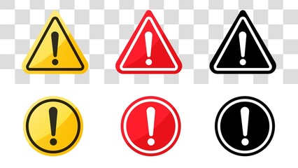 Warning symbols with exclamation mark on transparent background. Set of hazard warning attention sign. Danger sign collection. Attention vector icon.