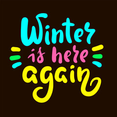 Winter is here again - inspire motivational quote. Hand drawn beautiful lettering. Print for inspirational poster, t-shirt, bag, cups, card, flyer, sticker, badge. Cute original funny vector sign