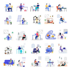 Set of Working at home,Young people,Woman freeLancers working on laptop and computer at home.Employees working from home.Vector in Flat Style concept of the freelancing comfortable work in home.