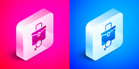 Fototapeta premium Isometric Work for female icon isolated on pink and blue background. Business woman work. Silver square button. Vector