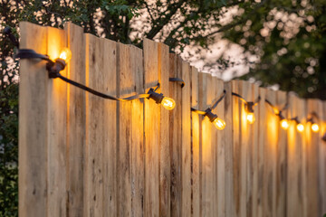 Cosy light bulbs lined up in a row, against a wooden garden fence. There are some green bushes and...