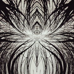 Obraz premium symmetrical abstract illustration - impenetrable forest, tops of black trees converging high in the sky, distorted space