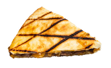 segment of Quesadilla from folded tortilla filled with cheese, meats, spices cutout on white background