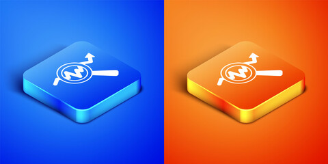 Isometric Magnifying glass and data analysis icon isolated on blue and orange background. Search sign. Square button. Vector