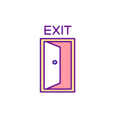 Emergency exit door RGB color icon. Way with directional plaque. Doorway to leave. Entry place. Fire door. Safe evacuation mark. Isolated vector illustration. Simple filled line drawing
