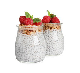 Delicious chia pudding with raspberries and granola on white background