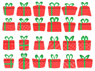 Gift boxes icon set isolated on white background. Collection of various gift boxes red colors in flat style. Gift box design for posters, banners and promotional materials. Vector illustration