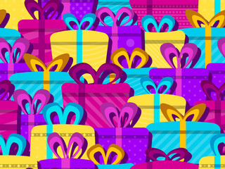 Seamless pattern with colorful gift boxes in flat style. Festive design for greeting card, wrapping paper, banners and promotional materials. Vector illustration