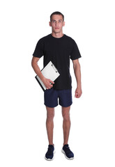 Portrait of personal trainer with clipboard on white background. Gym instructor