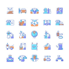 Automation RGB color icons set. Advanced manufacturing. Improve everyday life. Using robotic hands. Equipment to automate systems. Isolated vector illustrations. Simple filled line drawings collection