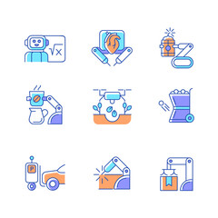 Leading technologies RGB color icons set. Autonomous robots in gardening and cooking. Industrial automation. Advances in medicine. Isolated vector illustrations. Simple filled line drawings collection