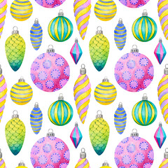 Watercolor christmas tree toys seamless pattern. Colorful hand-drawn green, pink, blue glass balls isolated on a white background. Happy new year gift wrap paper print. Festive winter wallpaper