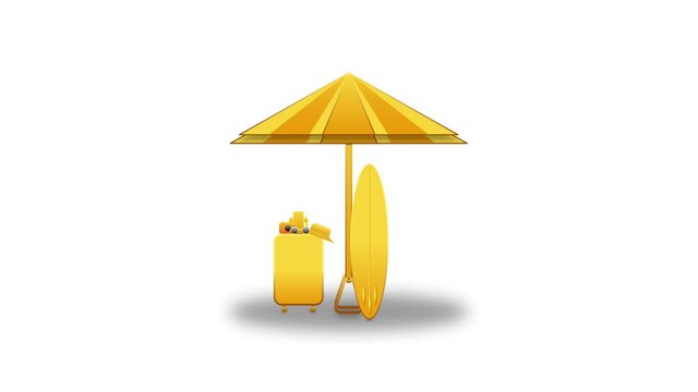 3D vacation planning icon and symbol isolated on white background with loop motion animation. Bag, camera surfing board, cap and umbrella for summer vacation.