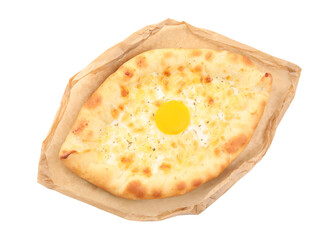 Fresh delicious Adjarian khachapuri isolated on white, top view