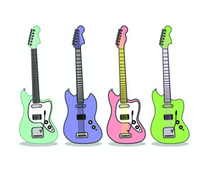 set guitar flat design illustration green, blue, pink