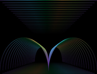 Vertical twisting lines of Purple, Green and Gold on black background