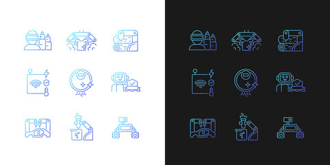 Automation technologies gradient icons set for dark and light mode. Manufacturing robots. Thin line contour symbols bundle. Isolated vector outline illustrations collection on black and white