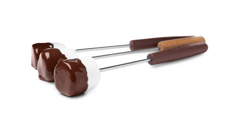 Tasty marshmallows dipped into chocolate on white background