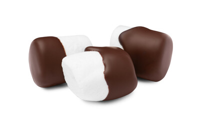 Tasty marshmallows dipped into chocolate on white background