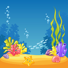 Fototapeta na wymiar Coral reef, underwater world. The seabed. Cartoon drawn vector illustration in children's style