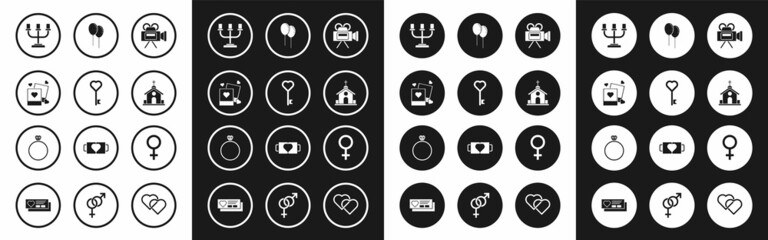 Set Cinema camera, Key heart shape, Two blanks photo frames and hearts, Candlestick, Church building, Balloons with ribbon, Female gender symbol and Diamond engagement ring icon. Vector