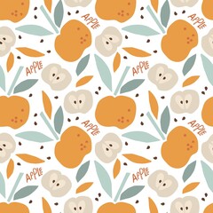 Childish Apples with leaf hand drawn sketch seamless pattern. Whole fruit and cut half. Silhouette vector illustration. Repeated food eco template for menu, textile, wrapping paper, wallpaper