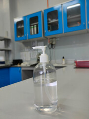 Malaysia, Perak, 14 October 2021: A bottle of hand sanitizer is on the laboratory table.