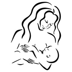 A woman with long hair holds a baby in her arms. A girl is breastfeeding a small child. A mother and a sleeping newborn. Lactation. Cute black and white vector illustration.