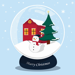 Flat vector snowball globe with christmas tree, snowman and house